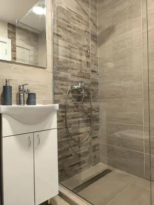 a bathroom with a shower and a sink at Apartman Bika in Surčin