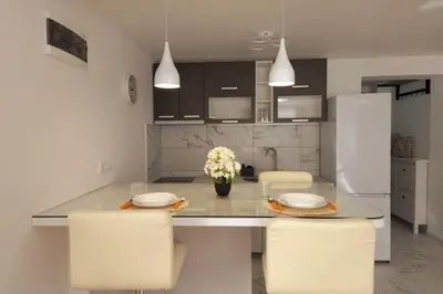 a kitchen with a table and chairs and a refrigerator at Airport Studio Stefan in Belgrade