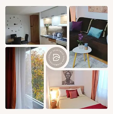 a collage of pictures of a bedroom and a kitchen at Apartman Dora in Ruma