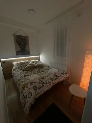 a bedroom with a bed and a chair in it at Apartman Dora in Ruma