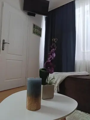 a room with a white table with a purple plant at Apartman Dora in Ruma