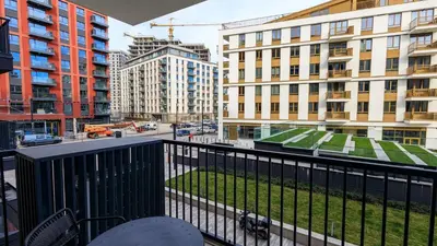 a balcony with a view of some buildings at Belgrade Waterfront Quartet 1 in Belgrade