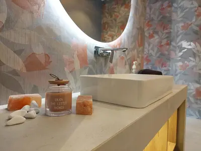 a bathroom counter with a sink and a mirror at Kosmaj IKIGAI in Nemenikuće