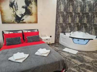 a bedroom with a large bed and a bath tub at New Moment Lux in Žarkovo