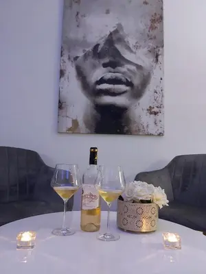a table with two glasses and a bottle of wine at New Moment Lux in Žarkovo
