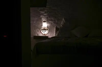 a dark room with a bed and a brick wall at Apartment Silicon Valley in Belgrade
