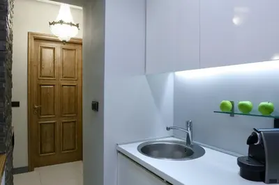 a kitchen with a sink and a wooden door at Apartment Silicon Valley in Belgrade