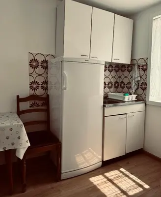 a white refrigerator in a kitchen with a chair at Stan na dan in Belgrade