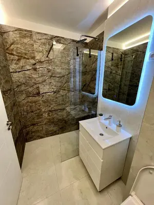 a bathroom with a sink and a shower at Apartment Ninana in Belgrade