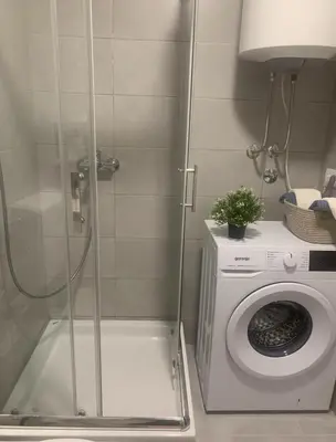 a shower with a washing machine in a bathroom at Aura Apartment - Lovely Apartment with Garage Parking in Belgrade