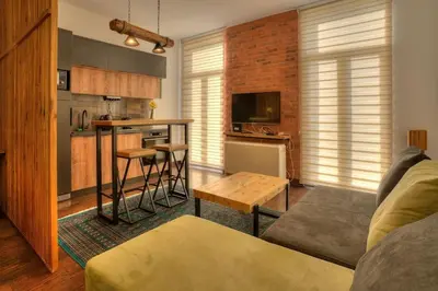 a living room with a couch and a kitchen at Knez Central Apartment in Belgrade