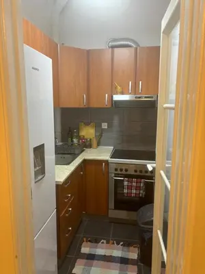 a kitchen with wooden cabinets and a stove top oven at Mina 1 in Belgrade
