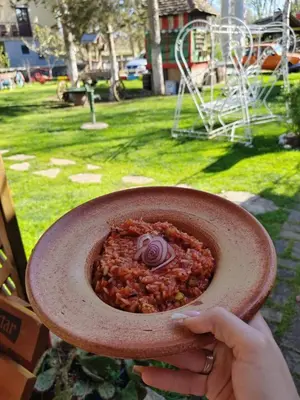 a person holding a bowl of food with a flower on it at Etno selo Dukat in Belo Polje