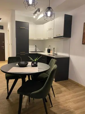 a kitchen with a table and chairs in a room at Green Lux Apartment in Inđija