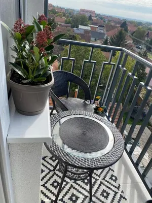 a table and chair on a balcony with a plant at Green Lux Apartment in Inđija
