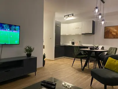 a living room with a kitchen and a dining room at Green Lux Apartment in Inđija
