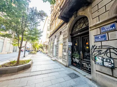 an empty street in a city with a building at Panorama Central-Downtown Studio in Belgrade