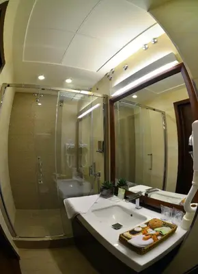 a bathroom with a sink and a shower and a mirror at Belgreat Premium Suites in Belgrade