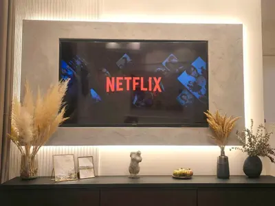 a television on a wall with the netflix at Premium Simfonija Apartment in Belgrade