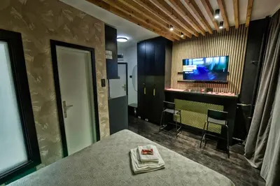 a room with a tv and a table with a table sidx sidx sidx at Dorcol Downtown Studio in Belgrade