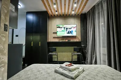 a bedroom with a bed with a tv in it at Dorcol Downtown Studio in Belgrade