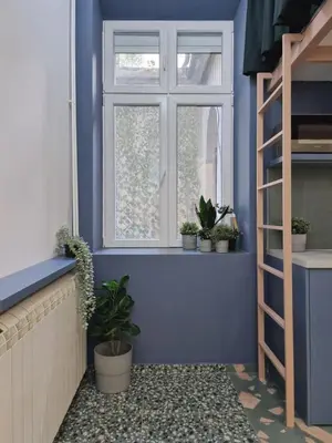 a blue room with a window and potted plants at Studio MAXIM in Vračar (historical)