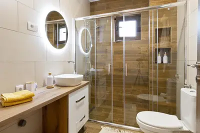 a bathroom with a shower and a toilet and a sink at NaFiJa Apartman in Smederevo