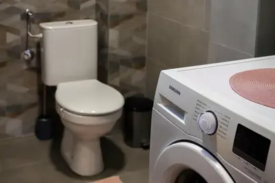 a bathroom with a toilet and a washing machine at NaFiJa Apartman in Smederevo