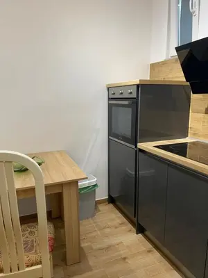 a kitchen with a table and a stove top oven at Lukas Apartment in Belgrade