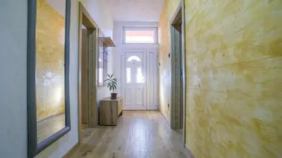 a hallway with a white door and a potted plant at Lukas Apartment in Belgrade