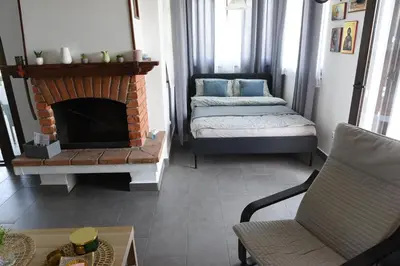 a living room with a fireplace and a bed at View Point House in Smederevo