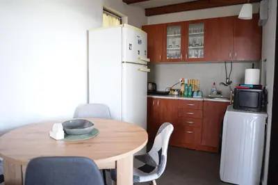 a kitchen with a wooden table and a white refrigerator at View Point House in Smederevo