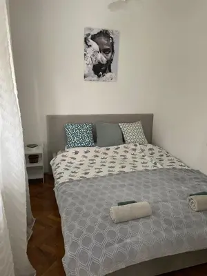 a bedroom with a bed and a picture on the wall at Apartment Sofia in Belgrade