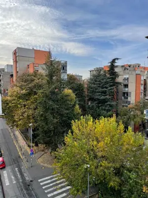 a city street with a crosswalk in a city at Apartment Sofia in Belgrade