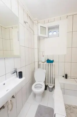 a white bathroom with a toilet and a sink at Apartment Sofia in Belgrade