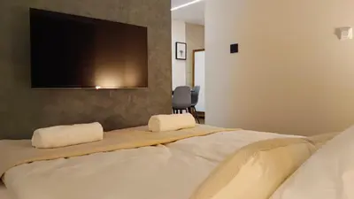 a bedroom with a large bed with a flat screen tv at Eden Spa Apartman in Arandjelovac