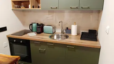 a kitchen counter top with a sink and a counter top at Eden Spa Apartman in Arandjelovac