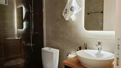 a bathroom with a toilet and a sink and a shower at Eden Spa Apartman in Arandjelovac