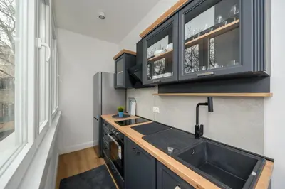 a kitchen with black cabinets and a sink at Top Central 6 Apartments in Belgrade