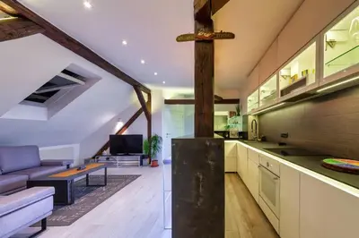 an open kitchen and living room in a loft at City Centre Rooftop Knez Mihailova Apartment in Belgrade