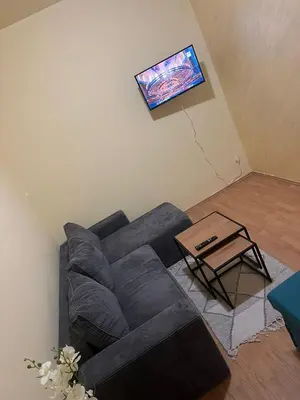 a living room with a blue couch and a tv at TripleA Sr apartments in Belgrade