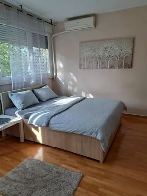 a bedroom with a bed and a window at Vist 3 apartment in Belgrade