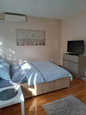 a bedroom with a bed and a flat screen tv at Vist 3 apartment in Belgrade