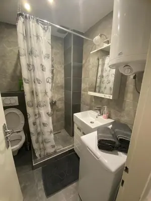 a bathroom with a toilet and a shower curtain at Vist 3 apartment in Belgrade
