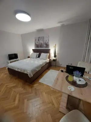 a large bedroom with a bed and a table at Nadja City Center in Belgrade