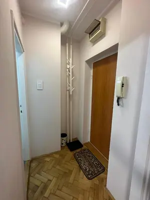 a hallway with a door and a rug on the floor at Nadja City Center in Belgrade