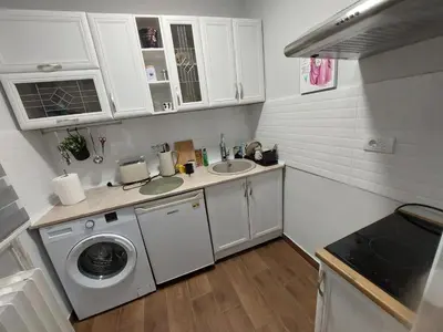 a small kitchen with a washing machine and a sink at Nadja City Center in Belgrade