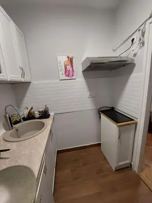 a white kitchen with a sink and a counter at Nadja City Center in Belgrade