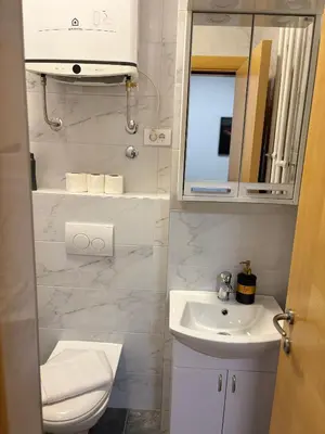 a bathroom with a sink and a toilet and a mirror at Lux Vracar by Magenta in Belgrade