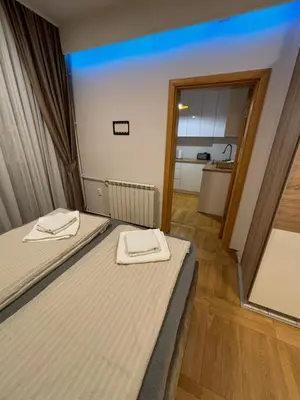 two beds in a room with a mirror at Lux Vracar by Magenta in Belgrade